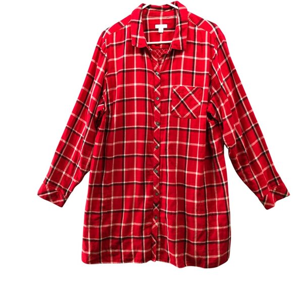 J. Jill Double Cloth Tunic Shirt Womens 2X Red Plaid Long Sleeve Button Up - Picture 1 of 8